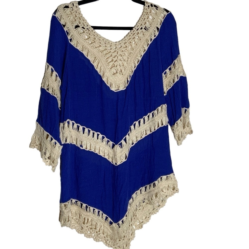 Blue and cream crotchet coverup. Size M